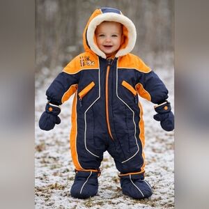 Gusti Baby Snow Suit – 12 Months – Navy & Orange – Fleece Lined – Mittens & Boot